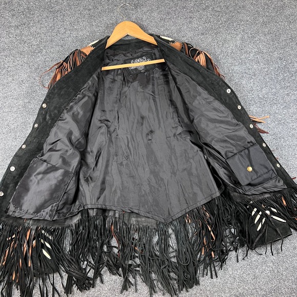 Leather Gallery Jacket Womens XL Black Suede Fringe Western Bone Studded Cowgirl - Picture 5 of 13